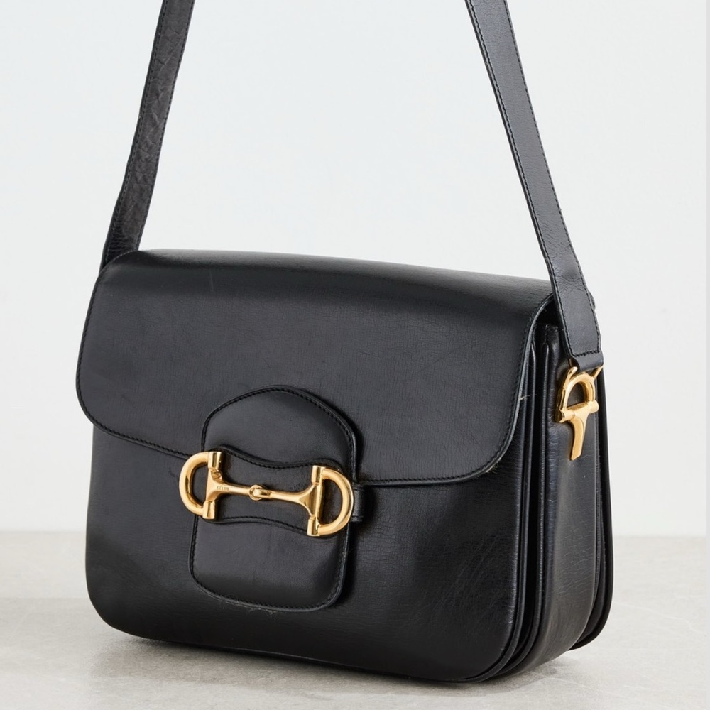 Celine Vintage Black Calf Skin Leather Gold Horsebit Shoulder Bag Italy